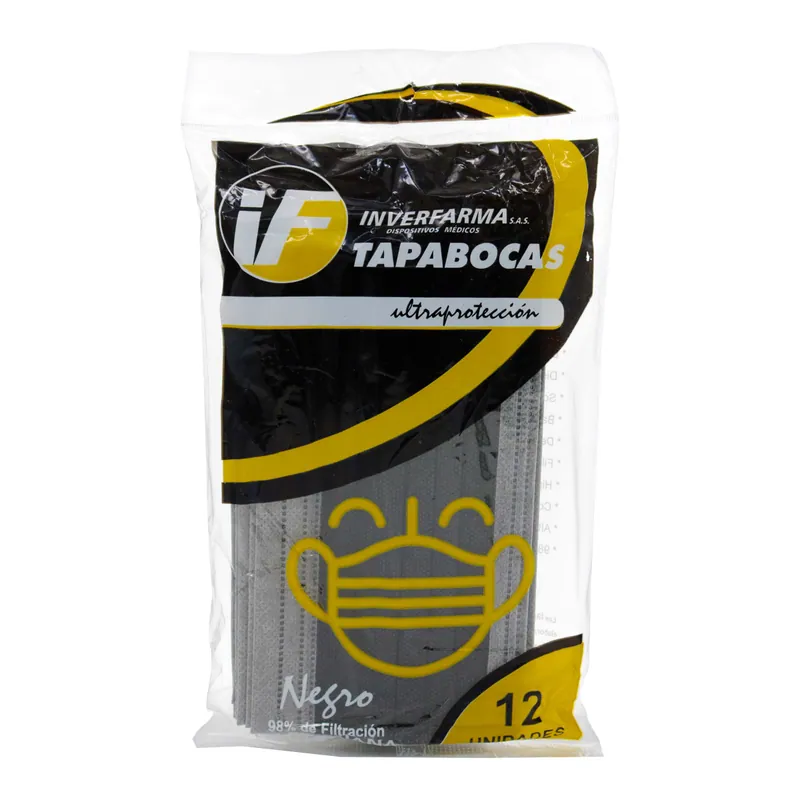 Tapabocas 3 Pliegues Color Negro 12 unidades
